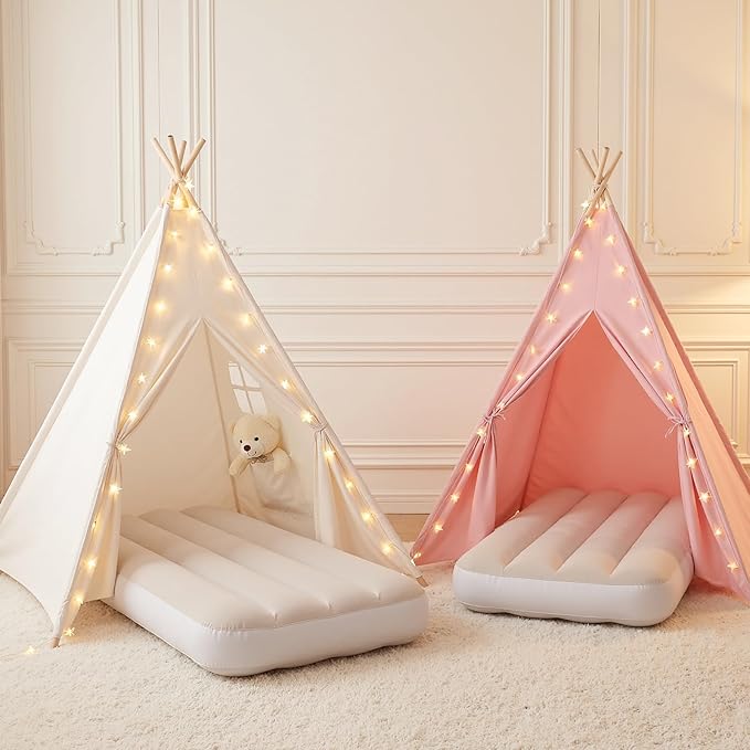 wilwolfer 2 Pack Teepee Tent for Kids with Inflatable Airbed, Indoor Play Tent Foldable for Boys Girls Party Sleepover Slumber Gifts Toy(Pink, White)