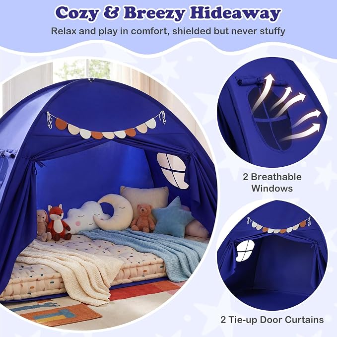 Costzon Toddler Bed Tent, Twin Size Indoor Canopy Tent for Kids w/ 2 Windows, Flag Banner, Brushed Fabric Privacy Playhouse, Portable Play Tent for Bunk Bed, Playroom, Suits 3+ Boys & Girls (Navy)