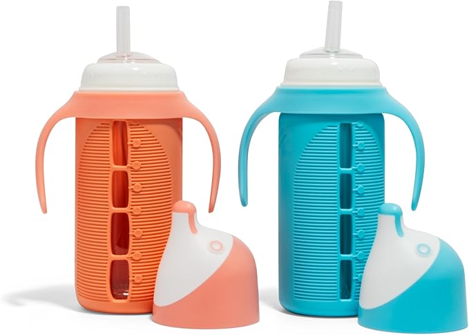 Tabor Place Set of 2 - Glass Sippy Cup for Toddlers - The Luca | Spill-Proof | Silicone Straw | Blue & Orange | 8 oz | Liquids Never Touch Plastic | Removable Handles??(Blue)