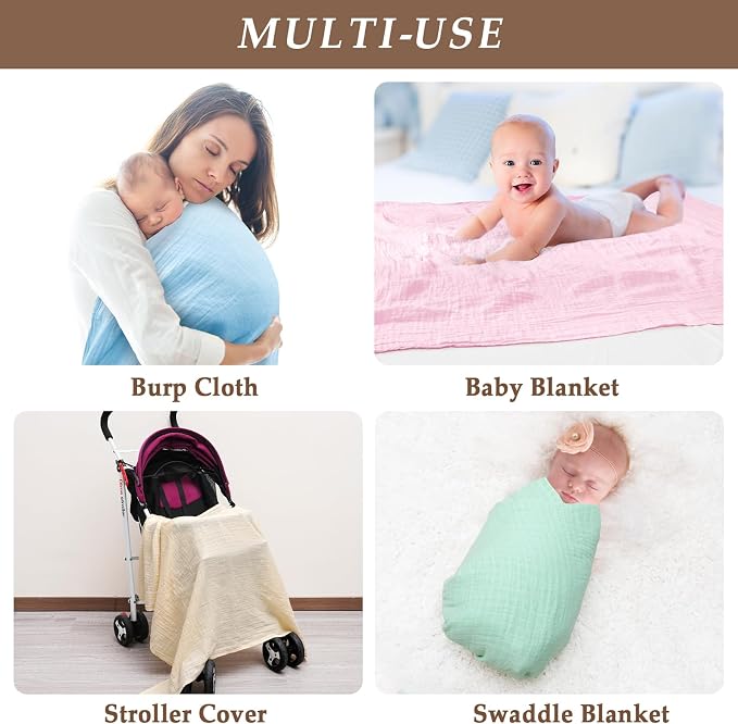 david's kids 4 Pack Baby Muslin Swaddle Blankets 47" x 47", 100% Cotton Swaddling Blankets Wrap for Boys Girls, Ultra Soft Breathable Receiving Blanket, New Born Essentials, Green&Pink&Blue&Beige