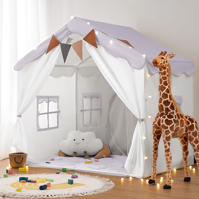 Besrey Kids Play Tent 2 in 1 with Padded Mat and Lights, Large Kids Playhouse with 2 Doors & 4 Windows, Indoor & Outdoor, Christmas Toddler Tent, 51" x35" x 51" (Purple)