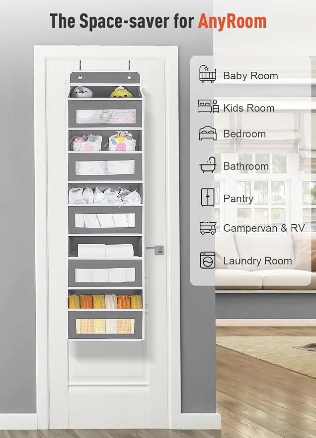 Over The Door Organizer Storage, 5 shelf Hanging Door Organizers with 10 Large Capacity Pockets, Anti Tilt 48 lb Load Behind Door Organizer for Bedroom, Bathroom, Pantry (Grey, 1 Pack)