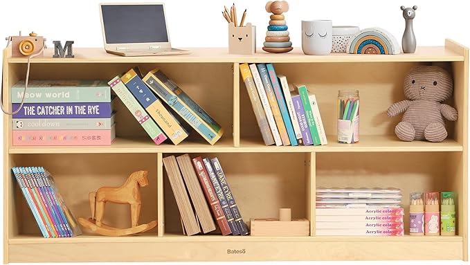 Bateso Toy Storage Organizer for Kids Room, Wooden Kids Bookshelf for Classroom, Cube Storage Organizer for Playroom, 5-Section Montessori Bookshelf & Toy Shelf for Nursery