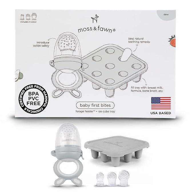 Moss and Fawn Baby's First Bites Bundle - Silicone Frozen Breast Milk Popsicle Kit with Forage Feeder & Teething Popsicle Ice Cube Tray - BPA, PVC, & Lead-Free - Dew