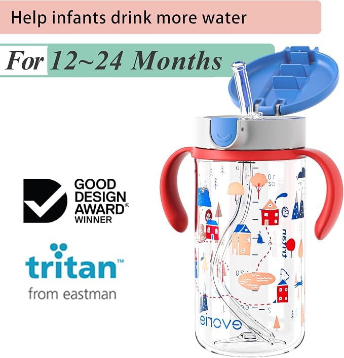 Evorie Tritan 7 Oz Weighted Straw Sippy Cup for Baby and 10 Oz Toddler Bottle with Straw and Removable Handles for School (Bumble Bee and Happy Valley)