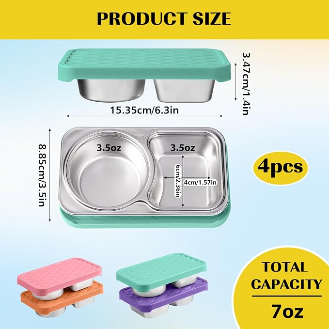 2 Pack Stainless Steel Snack Containers, 2 Compartment Snack Container with Silicone Lids, Easy Open Leak Proof Reusable Metal Toddler Snack Containers for Daycare (purple, blue)