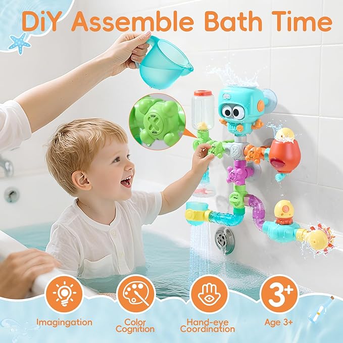 Bath Toys for Kids Ages 4-8 | 27PCS DIY Water Pipe Assembly Kit with Storage Bag | STEM Building Educational Bathtub Toys for Toddler 3-5 | Creative Shower Toy Birthday Gifts for Boys & Girls
