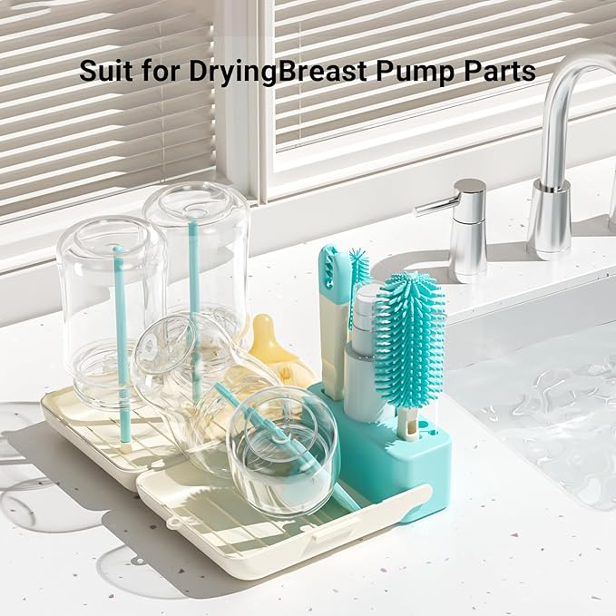 Aynmer Baby Bottle Brush Cleaner Set - 10 In 1 Travel Bottle Cleaning Brush Kit with Silicone Bottle Brush, Nipple Brush, Soap Dispenser, Portable Drying Rack, Breast Pump & Bottle Cleaning Kit -Green
