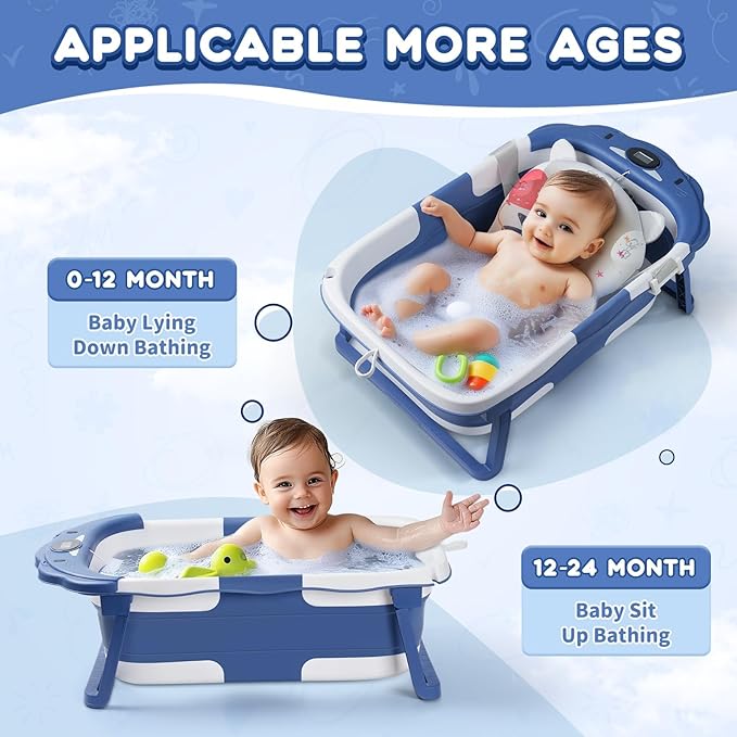 Baby Bathtub,Collapsible Baby Bath Tub with Thermometer & Soft Floating Cushion,Portable Travel Baby Bathtubs for Newborns to Toddlers 0-36 Months(Bear Blue)