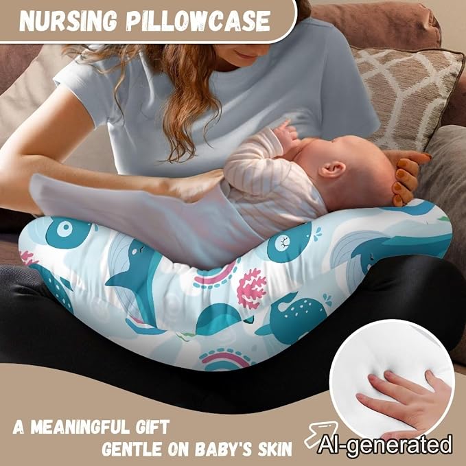 Nursing Pillow Cover for Breastfeeding, Fits Standard Nursing Pillow, Removable Cotton Cover, Blue Whales