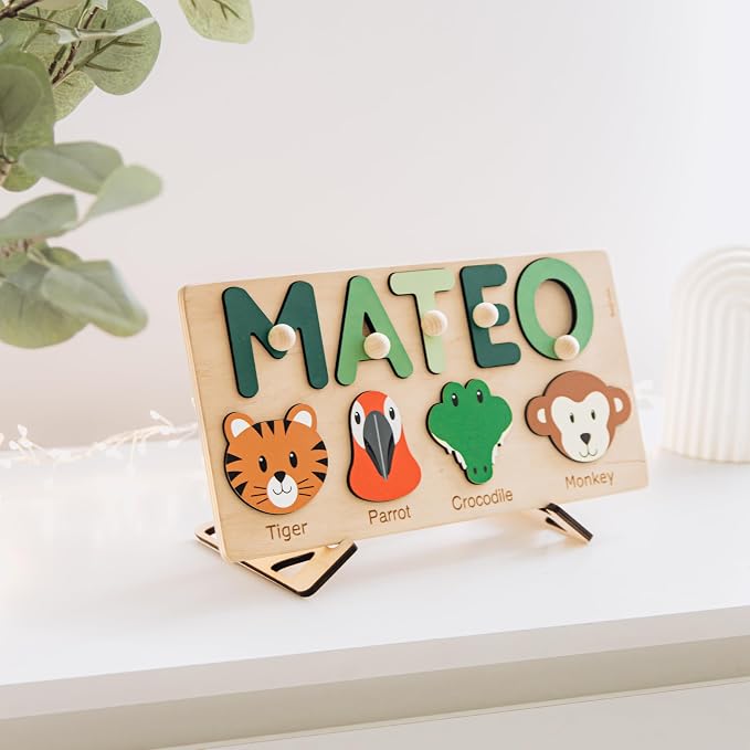 Name Puzzle with Animals, Personalized Gift for Kids, Baby Boy Birthday Gift, First, Woodland Animals, Montessori Wooden Toys