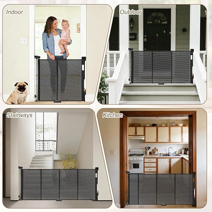 Reinforced 71" Wide Retractable Gate with Reinforced Strips, Indoor/Outdoor Retractable Dog Gate for Doorway Prevent Bottom Drilling Through, Safety Mesh Gate, Black