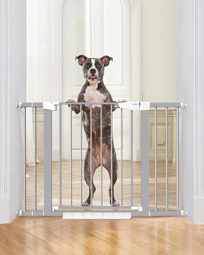 Cumbor 30-46" Baby Gate for Stairs, Gifts for Mom-Auto Close Dog Gate for The House, Easy Install Pressure Mounted Pet Gates for Doorways, Easy Walk Thru Wide Safety Gate for Dog, Gray