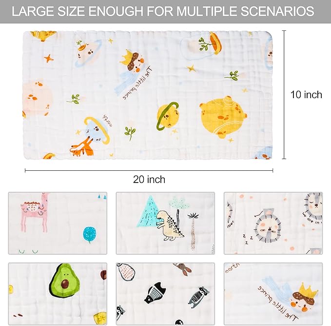 FOOK FISH Muslin Burp Cloths Cotton Burping Cloth 20'‘ X 10’' Pack of 6, Baby Spit Up Cloths for Newborn, Absorbent, Soft, Breathable Large, Premium 6-Layer Construction, Unisex, for Boys and Girls