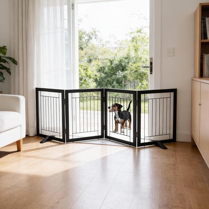 Dog Fence Indoor - 4-Panel Freestanding Dog Gate for Doorways, Hallways, House or Stairs -80x24-Inch Retractable Foldable Expandable Wood Pet by SFJC (Black)