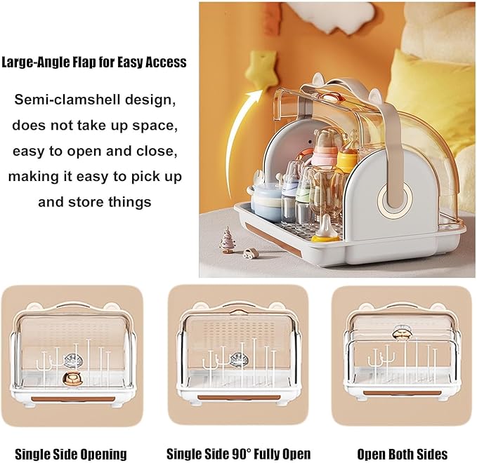 Baby Bottle Drying Rack Storage with 3 Brush, Nursing Bottle Storage Box Organizer with Cover, Portable Kitchen Cabinet Organizer, Durable countertop Dryer (Orange)