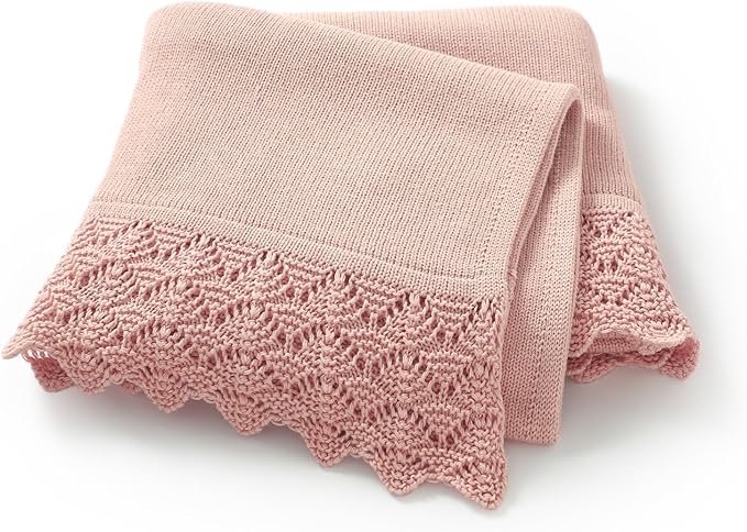 Hadetoto Baby Blanket Soft Cozy Cotton Cable Knit Crochet Receiving Crib Nursery Swaddling Blankets for Newborn Boys Girls (Baby Pink)
