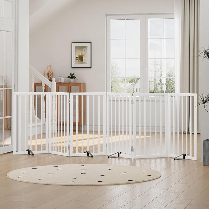 Dog Gates for Doorways, Tall Dog Gate Indoor, Foldable Pet Gates for Doorways Bedroom, Freestanding Puppy Gate with Metal Support Feet, Room Divider,6 Panels (White)
