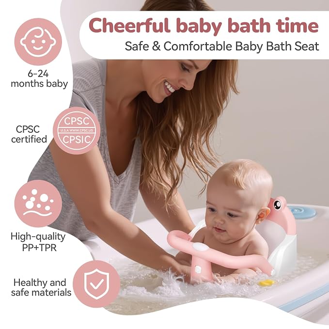 Baby Bath Seat for Babies 6 Months & Up - One-Handed Snap-On Armrest Baby Bath Chair | 4 Suction Cup Non-Slip Baby Bathtub Seat with Storage Bag | Ergonomic Infant Bath Seats for Baby Sitting Up Pink