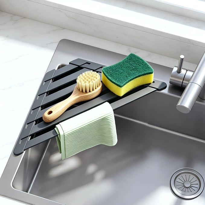 Sink Corner Drying Rack - Foldable Triangular Sink Sponge Holder, Dish Drying Rack Over the Sink, Kitchen Sink Accessories (Grey, 13.78" x 7.87")
