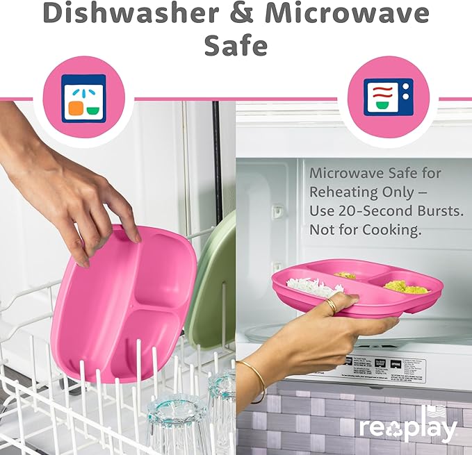 Re-Play Toddler Plates with Dividers - Deep-Walled 3 Compartments Divided Plates for Kids with 3 Lids - Dishwasher & Microwave Safe - Made in USA - Set of 3-7.37" x 7.37" x 1.25" - Berry