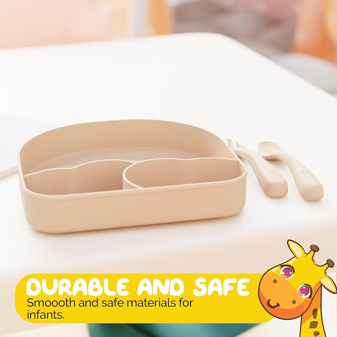 Silicone Baby Feeding Set with Sectioned Baby Plates with Suction and Baby Eating Utensils sets with Toddler forks and spoons - (3 Piece Set) Baby Led Weaning Supplies