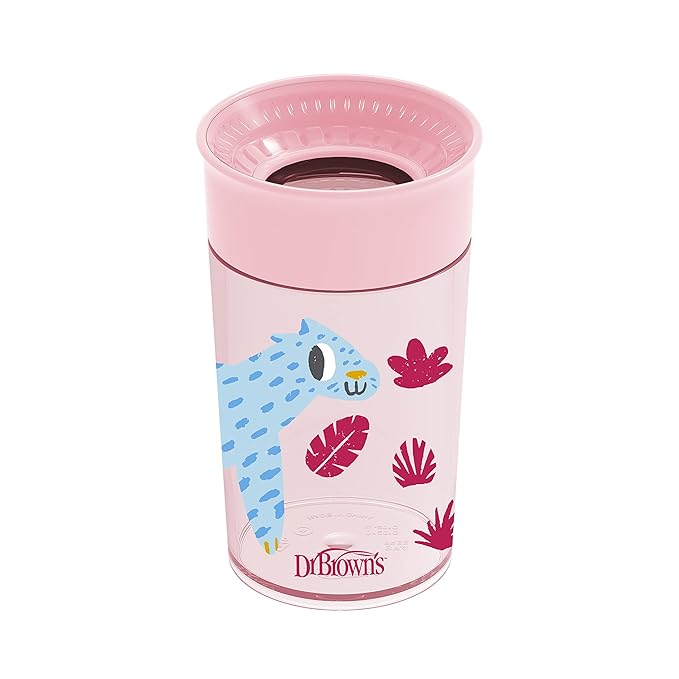 Dr. Brown's Milestones Cheers 360 Spoutless Transition Cup, Travel Friendly and Leak Free Sippy for Babies and Toddlers, Pink Animals, BPA-Free, 10 oz/300 mL, 9m+, 1-Pack