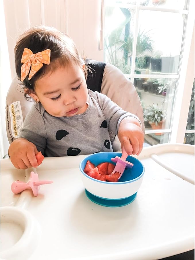 Elli&Nooli Silicone Fork & Spoon Set - 2-Piece Set, Pink - Self-Feeding Training & Toddler Utensils - Ergonomic Star-Shaped Barrier & Baby Feeding Essentials