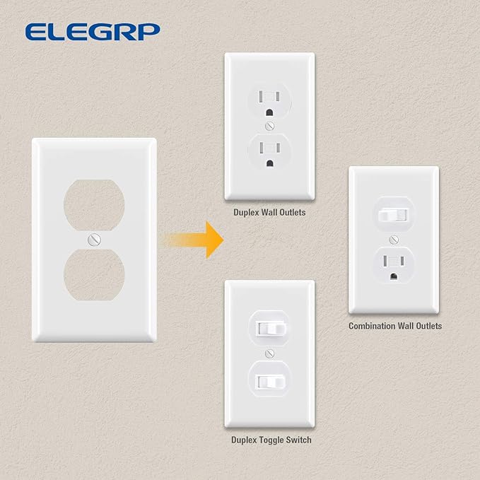 ELEGRP Duplex Receptacle Outlet Covers, 1-Gang Standard Size Wall Plates, Unbreakable Polycarbonate Dual Outlet Faceplates Covers, UL Listed, Color-matched Screws Included (10 Pack, Glossy White)