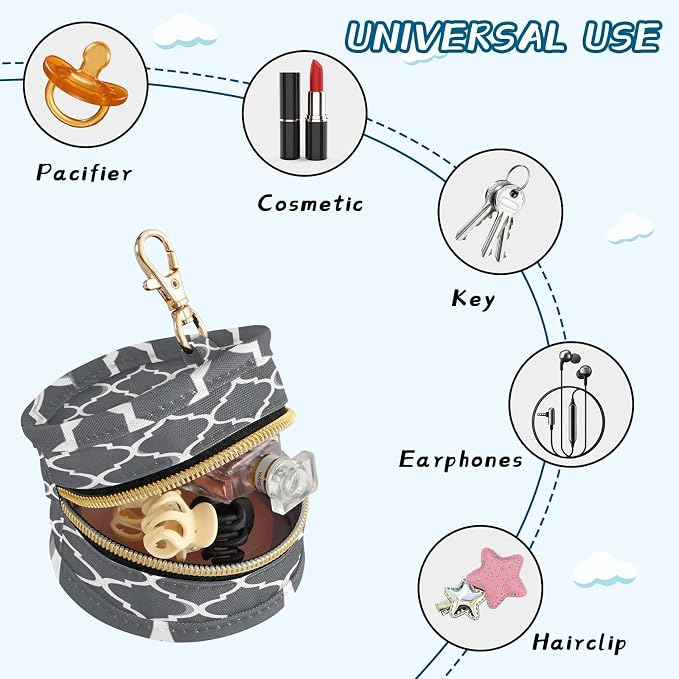 Pacifier Holder with Clip Pacifier Case for Diaper Bag Round Baby Pacifier Pouch Box Bag Portable Dark Grey Quatrefoil