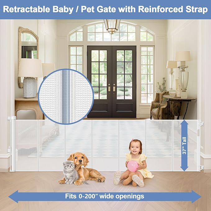 Reinforced 200 Inch Extra Long Dog Gate Indoor 37??Tall Outdoor Retractable Baby Gates for Doorways Extra Wide 16ft Bottom Anti-Crawl Indoor Extra Long Baby Gate Retractable Dog Fence/Barrier, White