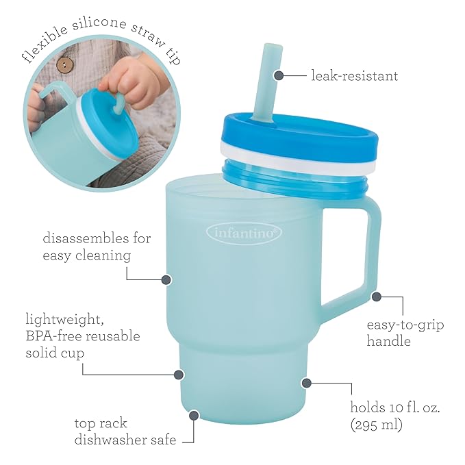 Infantino My 1st Tumbler, 10 Oz. Durable Plastic Sippy Cup with Straw & Handle, Spill-Resistant, for On-The-Go, BPA-Free Transition Baby Cup, Moody Blue