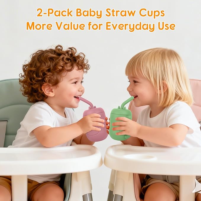 MCGMITT Silicone Baby Sippy Cup, 2 Pack Spill Proof Straw Cup for 6 12 18 Months, 5oz BPA Free Non Toxic Toddlers Training Cup with Handle, Soft Toddler Water Cup for 1 2 3 Years Old Oral Development