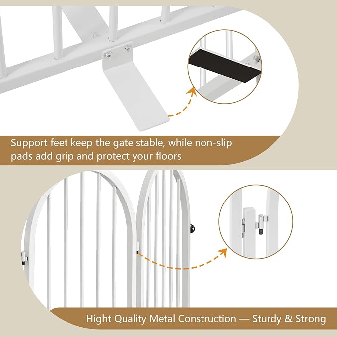 PUPETPO Full Metal Dog Gate with Door for Indoor Outdoor, 32" Tall Free Standing Pet Dog Fence, 108" Extra Wide Pet Gates for Stairs, Hallways, Doorways, Kitchen, Decks, Yards (White, 6 Panels)