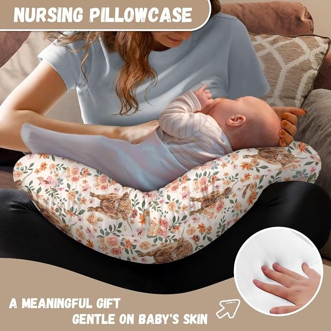 Highland Cattle Nursing Pillow Covers for Baby Girl Boy Nursing Pillowcase Fits The Original Support Pillow Cover Flower Breastfeeding Pillow Slipcovers for Infant Breast Feeding Pillowcase