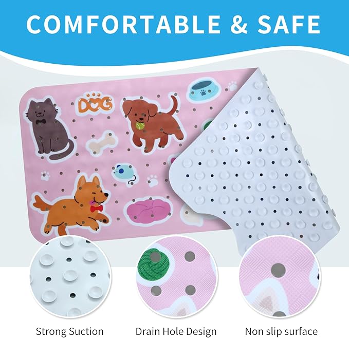 Baby Bath Mat for Tub Non Slip Kids Bathtub Mat Extra Long 40X16 Inch Toddler Bath Tub Shower Mat Anti Slip with Suction Cups & Drain Holes, Machine Washable (Cat Dog)