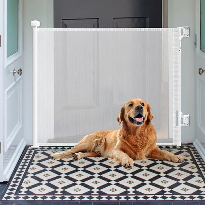 Retractable Outdoor Gate,Mesh Gate Outdoor for Babies and Pets 33.8" Tall Extends to 55.1" Wide, Retractable Mesh Gate for Doorways, Stairs, Hallways, Indoor/Outdoor(White)