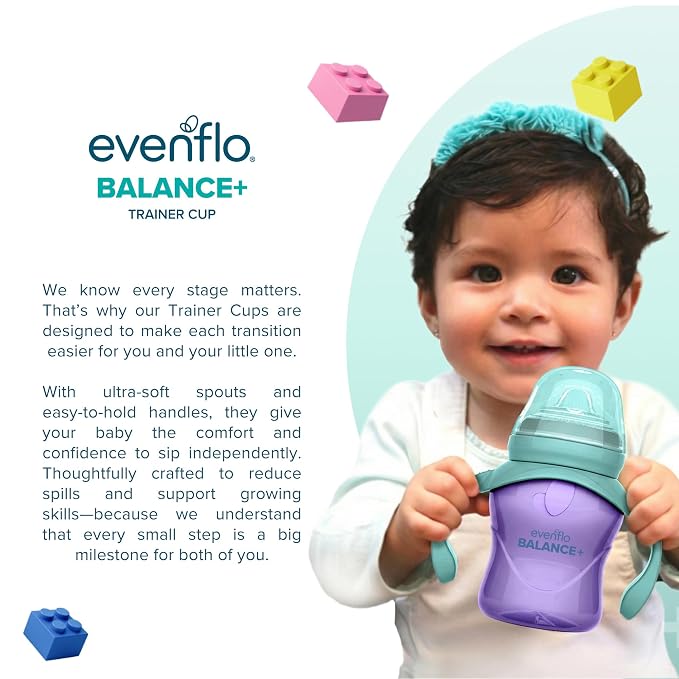 Evenflo Balance+ Trainer Cup with Ultra Soft Spout, Purple & Mint with Pink & Teal Handles, 5oz, 2 Pack, for 6+ Months