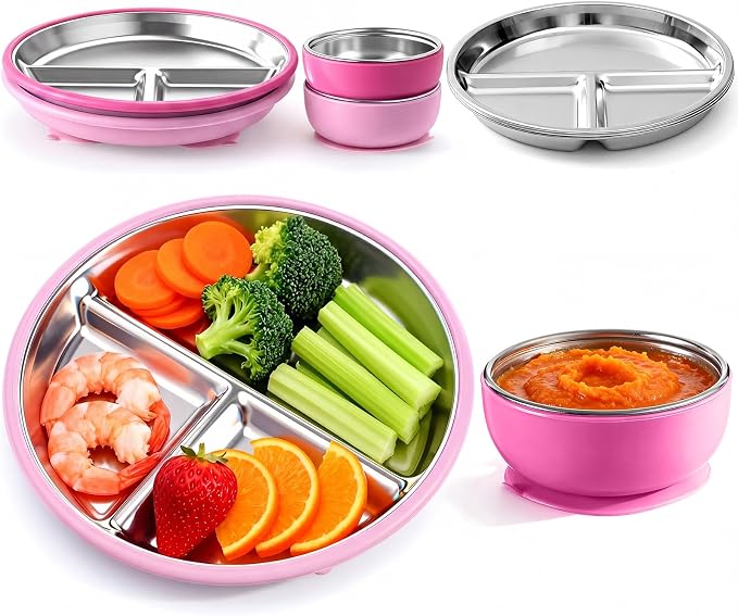 Havawish 4 Pcs Stainless Steel Baby Plate and Bowl with Suction, 8.3" Kid Divided Plate 4" Toddler Bowl with Removable Silicone, BPA-free Non-slip Baby Feed Set Dishwasher Safe for Boy Girl (Violet)