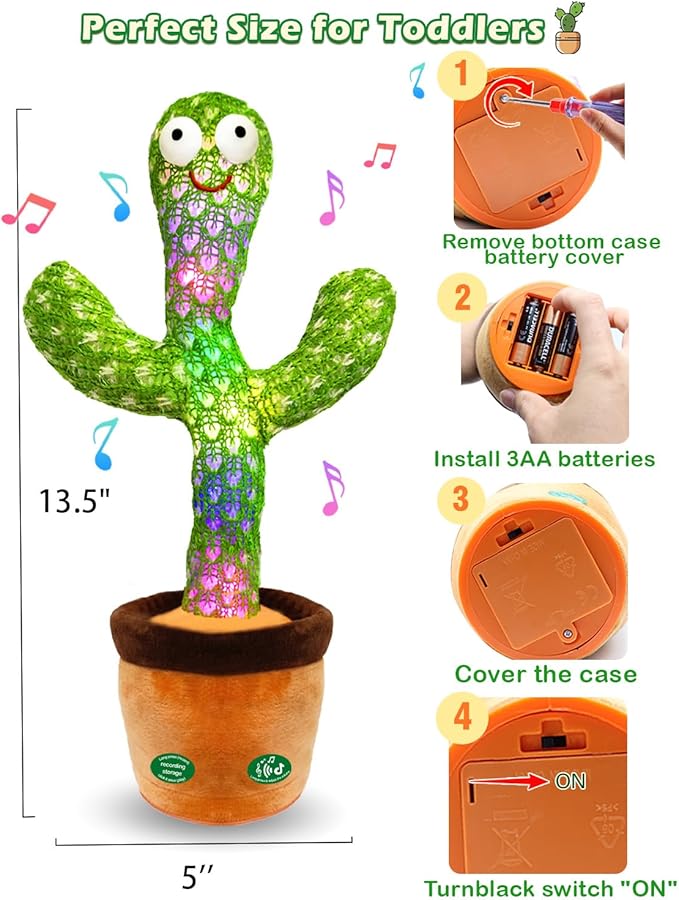 Interactive Baby Toys Dancing Talking Cactus Toy, Singing Musical & Record Repeat What You Say, Funny Gift for Infant 6-18 Months & Toddler 1 2 3 Year Old Boy Girl, Light Up Toy (Volume Control)