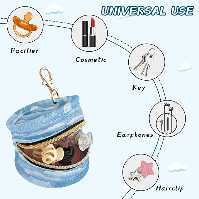 Pacifier Holder with Clip Pacifier Case for Diaper Bag Round Baby Pacifier Pouch Box Bag Portable Blue Gradient Cloud and Stars