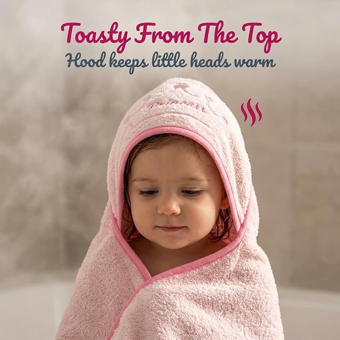 EVERYDAY KIDS Hooded Baby Toddler Bath Towel for Girls - 3D Pink Princess Towel with Crown; Soft and Absorbent Terry Cloth Hooded Towel for Young Kids; Baby Girl Bath Essential