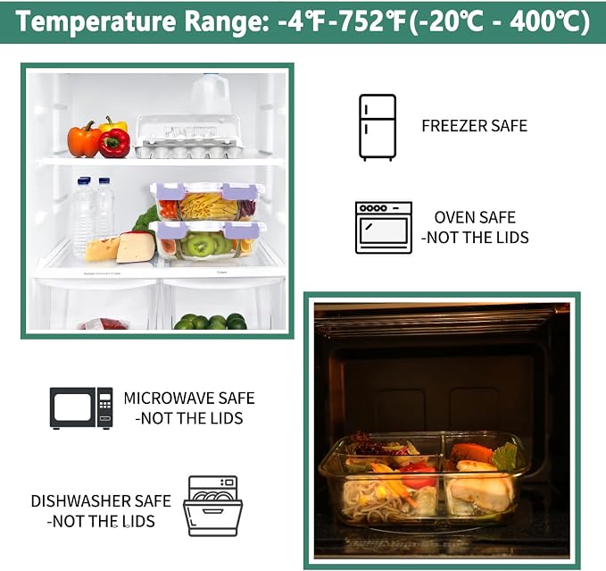 HOMBERKING 8 Pack Glass Meal Prep Containers 3 Compartment, 36oz Glass Food Storage Containers with Lids, Airtight Glass Lunch Bento Boxes, BPA-Free & Leak Proof (8 lids & 8 Containers) - Purple