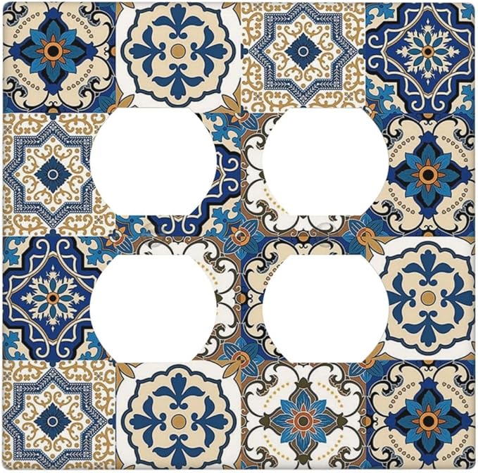 Boho Talavera Decorative Tile Moroccan Mandala Print Outlet Covers 2 Gang Double Duplex Decorative Light Switch Covers Electrical Wallplates Socket Faceplate for Bathroom Kitchen Decor
