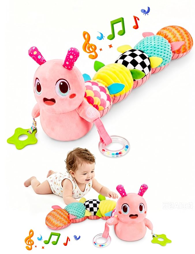 Musical Caterpillar Baby Sensory Toy for Infant Development 0-12 Months – Newborn Bath, Car Seat, Stroller & Bassinet Activity Toy & Gift – Tummy Time Crawler & Teether(Pink)