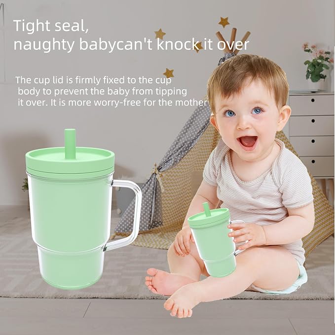 Silicone Sippy Toddlers Cup with Handle & Reusable Silicone Straws for Kids ABS Baby Training Cup with Soft Spout Heat-Resistant, Leak-Proof, Sweat &Spill Proof, No Spill Flip-It 8.8oz (Green)