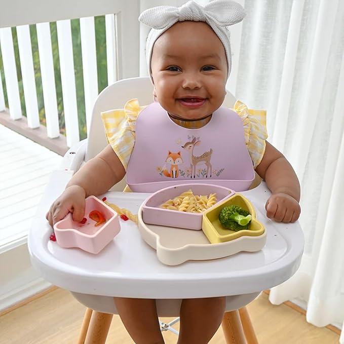 Baby Silicone Bibs 2 Sets Baby Bibs with Food Catcher for Girls Boys Toddlers BPA Free Waterproof Soft Durable