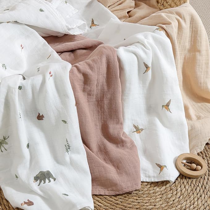 POMISO Muslin Swaddle Blankets for Boys & Girls, Newborn Receiving Blankets, 4 Pack Soft Breathable Baby Swaddles, Large 47x47 Inches, Forest Animals