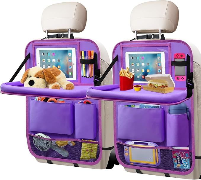 Car Seat Back Organizer Table Tray, Car Seat Storage Organizer for Kids with Foldable Tablet Holder, 6 Storage Pockets Kick Mats 600D Oxford, 2 Pack Purple