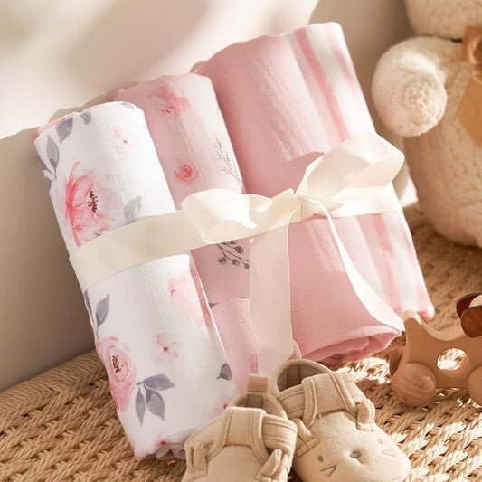 PHF Muslin Swaddle Blankets for Newborn, Large 47x 47 Inches 4 Pack Organic Soft Breathable Receiving Blankets, Skin-Friendly Muslin Baby Swaddles for Girls, Baby Essentials Shower Gifts, Floral